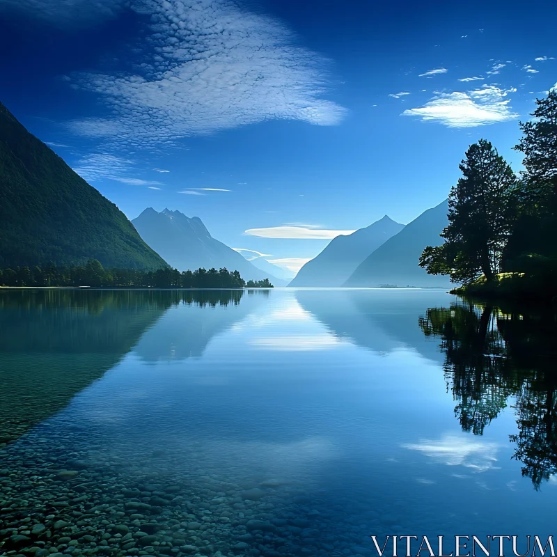 Serene Landscape with Reflective Lake and Mountains AI Image