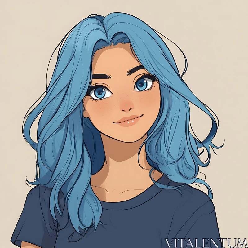 Blue-Haired Anime Girl with Freckles AI Image