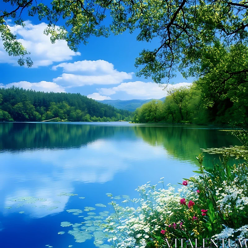 Tranquil Lake with Reflections of Forests and Sky AI Image