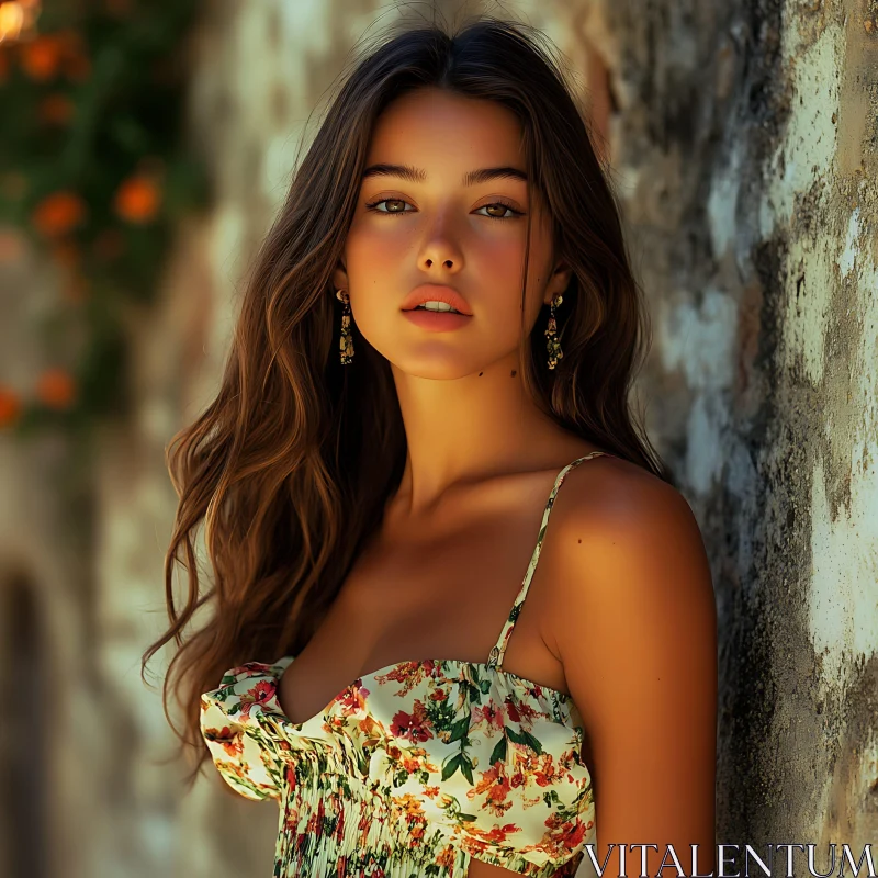 Serene Woman in Floral Dress by Rustic Wall AI Image