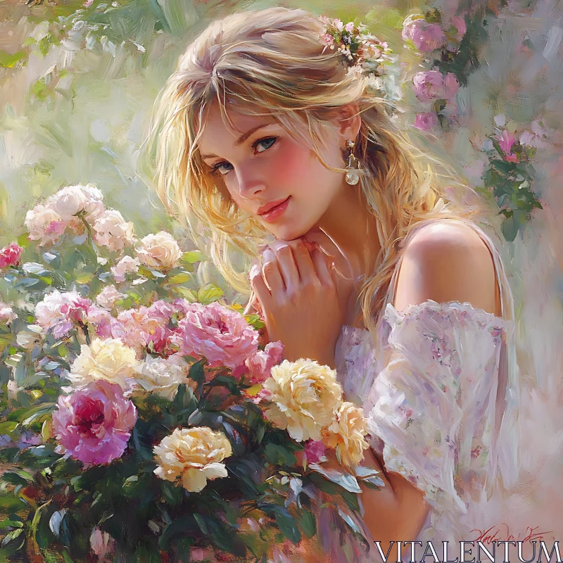 Romantic Floral Setting with Young Woman AI Image