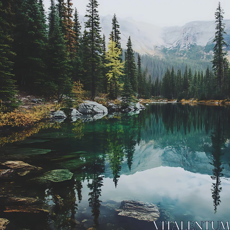 Tranquil Lake Amidst Evergreen Forest and Mountains AI Image