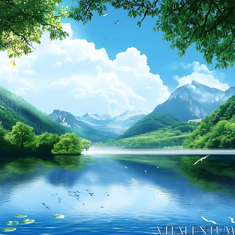 Beautiful Tranquil Lake with Mountain View AI Image