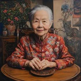 Portrait of an Elderly Woman in Red Traditional Attire