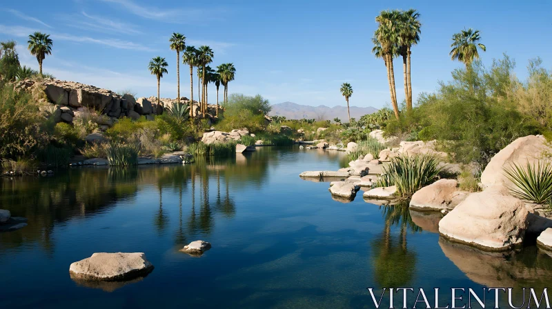 Peaceful Desert Lake with Palm Trees and Rugged Rocks AI Image