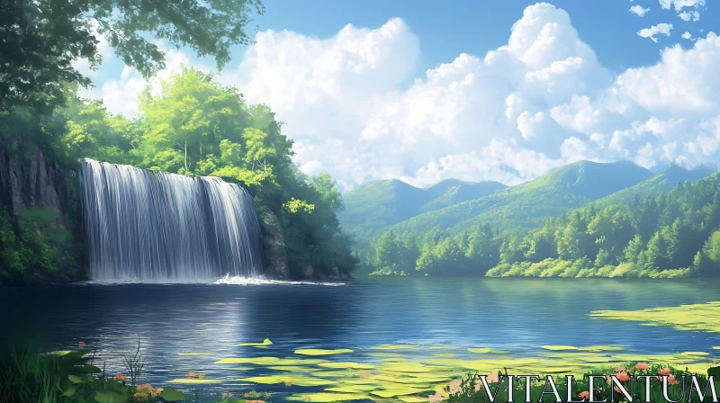 AI ART Serene Waterfall and Mountain Scene