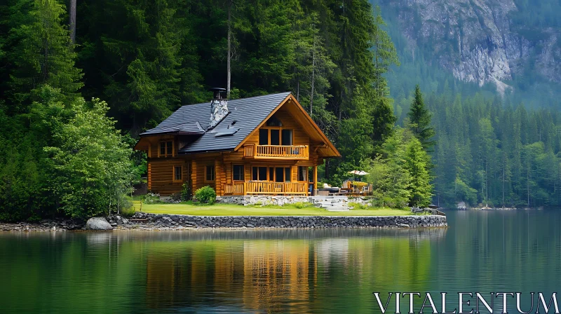 Wooden Lakeside Cabin Amidst Nature AI Image