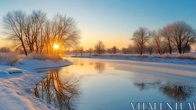 Sunset Glow Over a Snowy Winter River AI Image