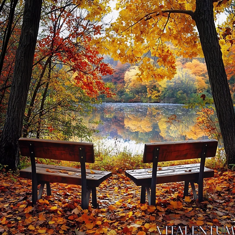 Serene Fall Scene with Benches Overlooking a Reflective Lake AI Image