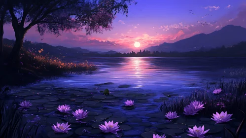 Serene Sunset at a Lily-covered Lake