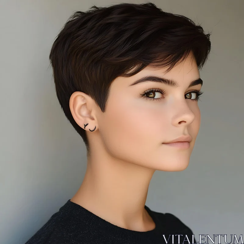 Portrait of a Young Woman with Short Hair and Earring AI Image