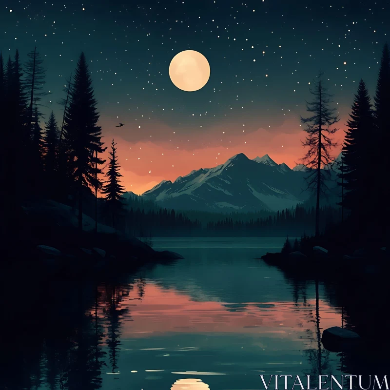 Tranquil Night in Nature with Moon and Stars AI Image