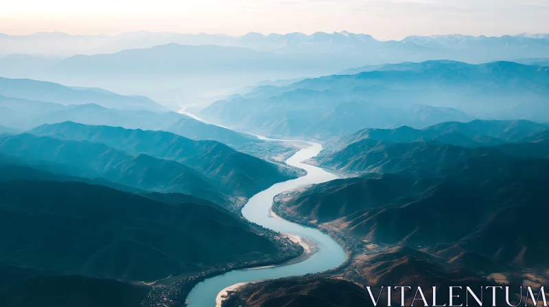 Serene Winding River Amid Lush Misty Mountains at Sunrise AI Image