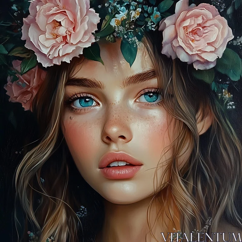 Realistic Portrait of Woman with Floral Crown and Freckles AI Image