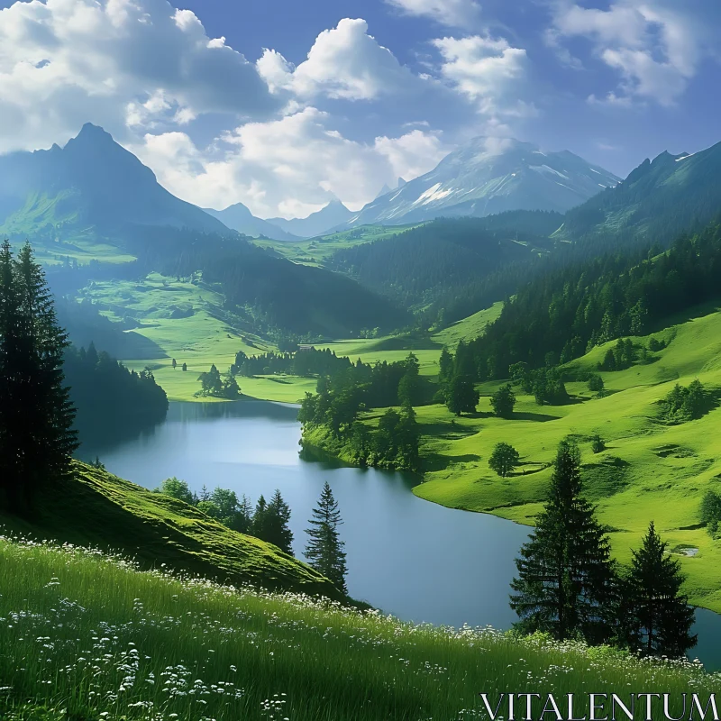 AI ART Scenic Mountain and Lake View with Verdant Green Hills