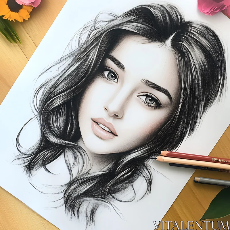 Exquisite Female Portrait in Pencil Art AI Image