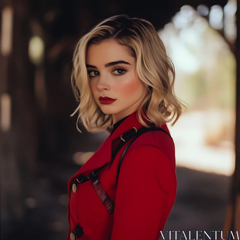 Blonde Woman in Fashionable Red Coat AI Image