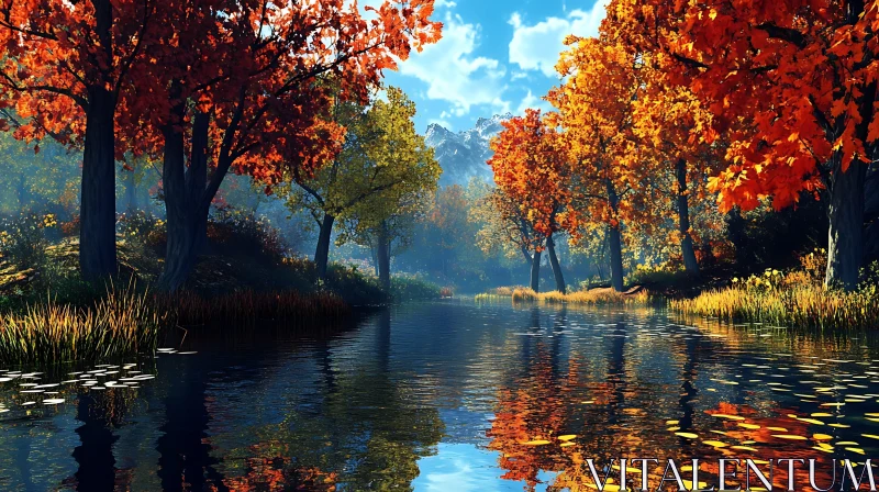 Tranquil River Surrounded by Autumn Trees AI Image