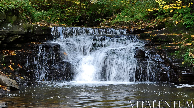 Tranquil Waterfall in Autumn Woodland AI Image