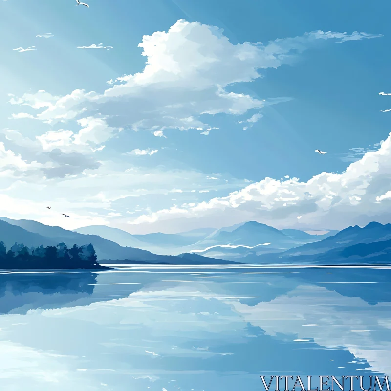 Tranquil Mountain Lake Under Blue Sky AI Image