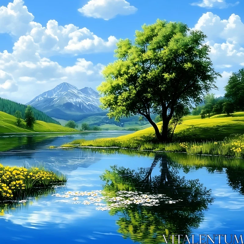 AI ART Peaceful Nature Scene with Lake and Mountains