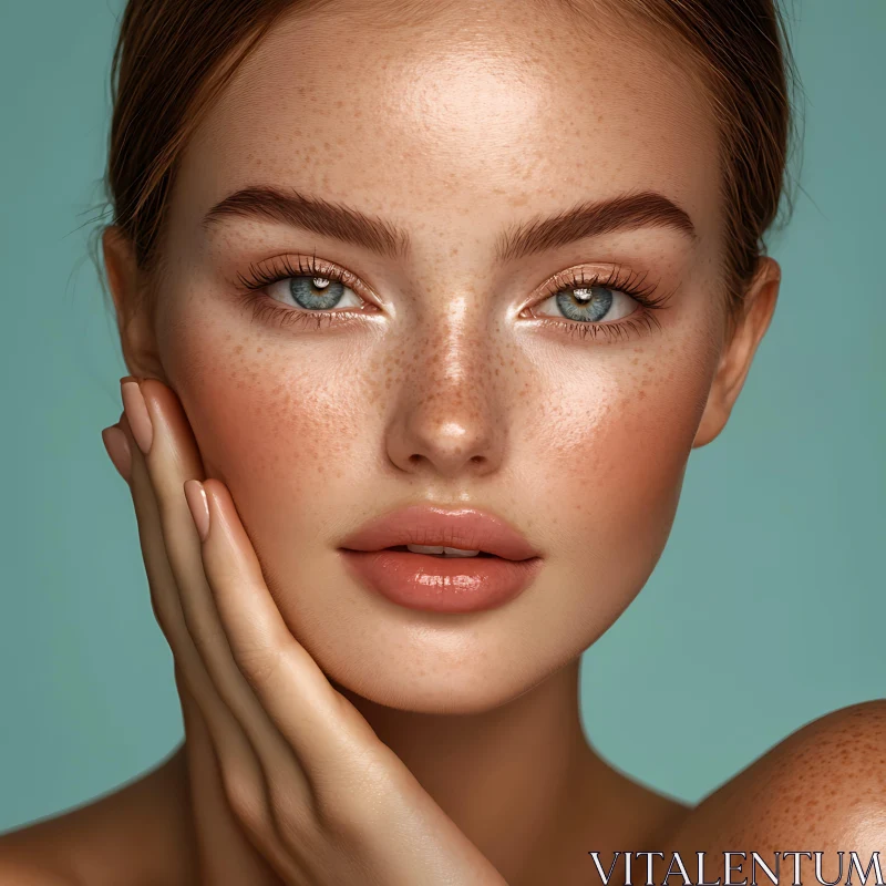 Close-Up Freckled Woman with Blue Eyes and Soft Pink Lips AI Image