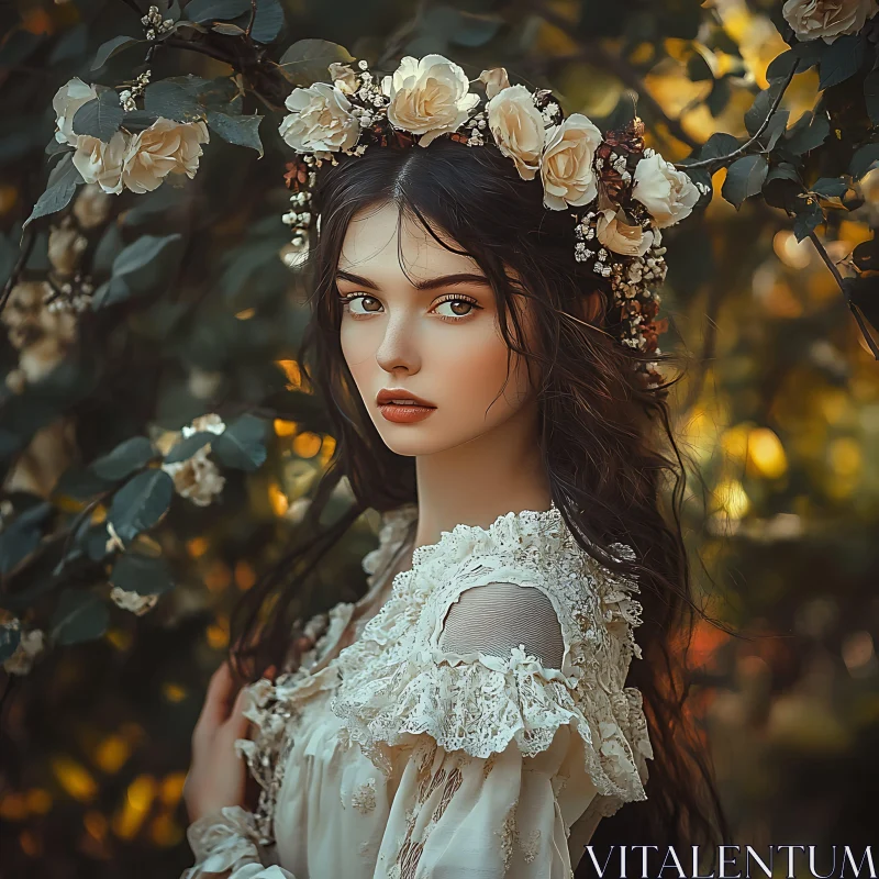 Vintage Woman Amidst Foliage AI Image