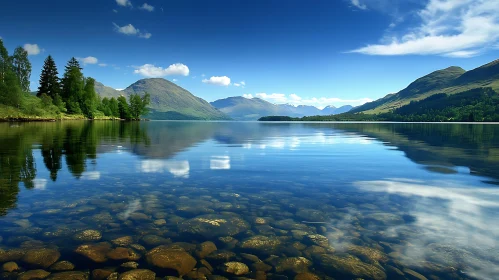 Tranquil Lake with Forest and Mountain Landscape