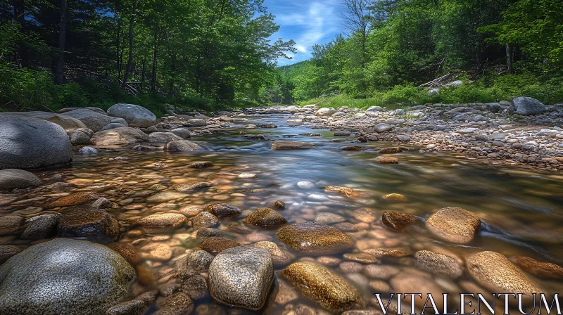 Tranquil River with Smooth Rocks in Green Forest AI Image