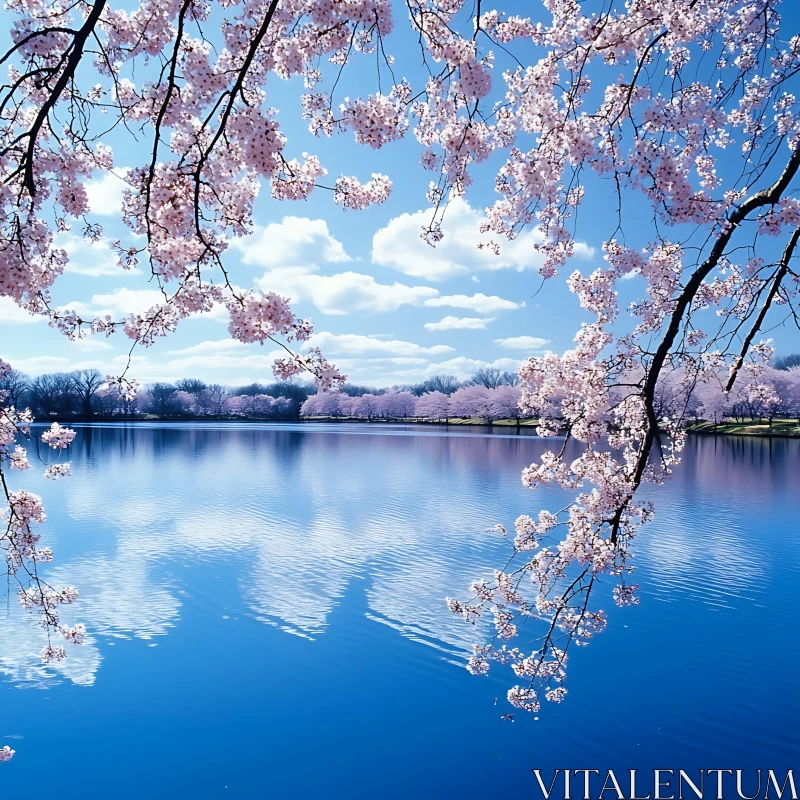 Springtime Serenity at a Blossoming Lake AI Image