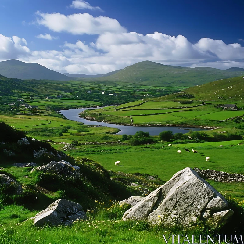 Scenic Green Fields and River in the Mountains AI Image