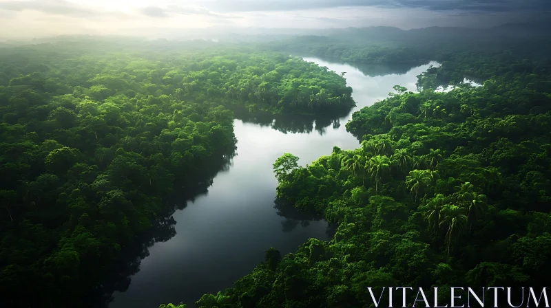 Misty River and Lush Forest Landscape AI Image