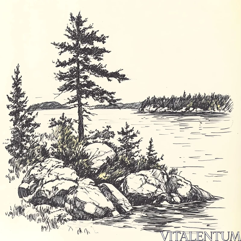 AI ART Lakeside Serenity in Ink