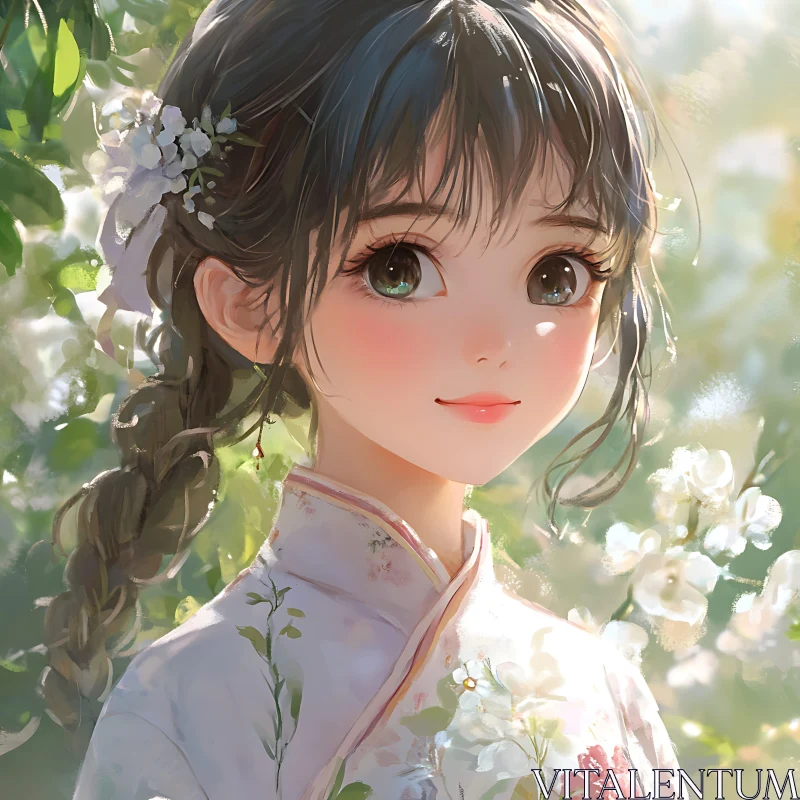 Charming Anime Girl with Blossoms AI Image