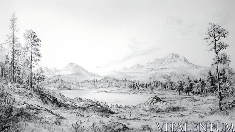 Tranquil Landscape Drawing: Nature's Serenity AI Image