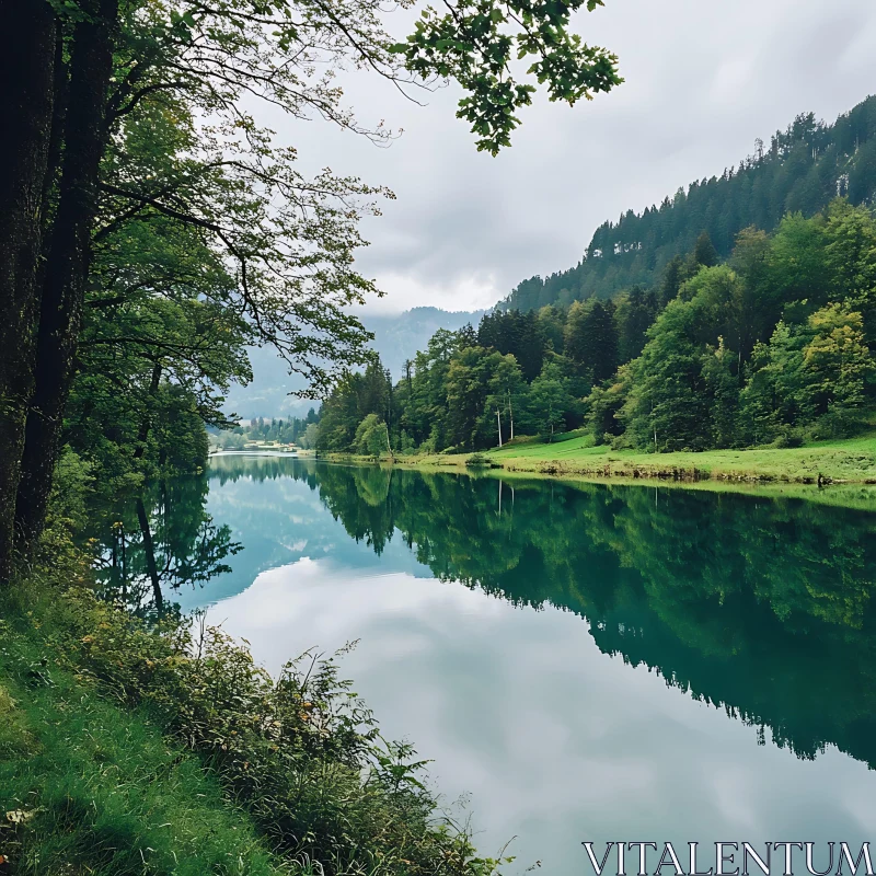 Nature's Tranquil Mirror: Forest Lake AI Image