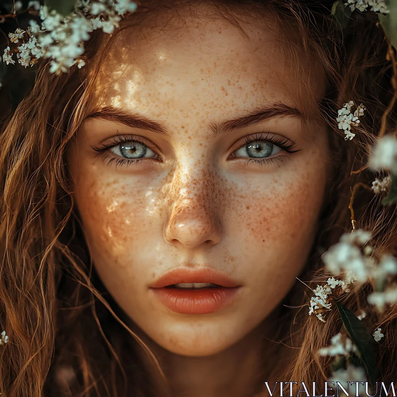 Ethereal Portrait of a Freckled Woman with Floral Accents AI Image