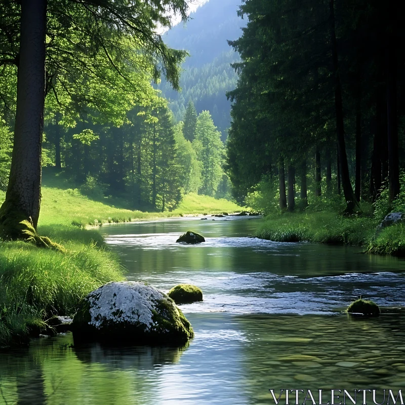 Tranquil Forest River Scene AI Image