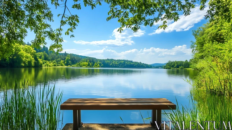 Peaceful Lake View with Bench and Trees AI Image