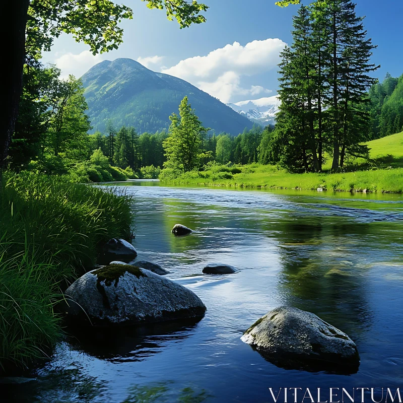 Peaceful River Scene with Mountain and Trees AI Image