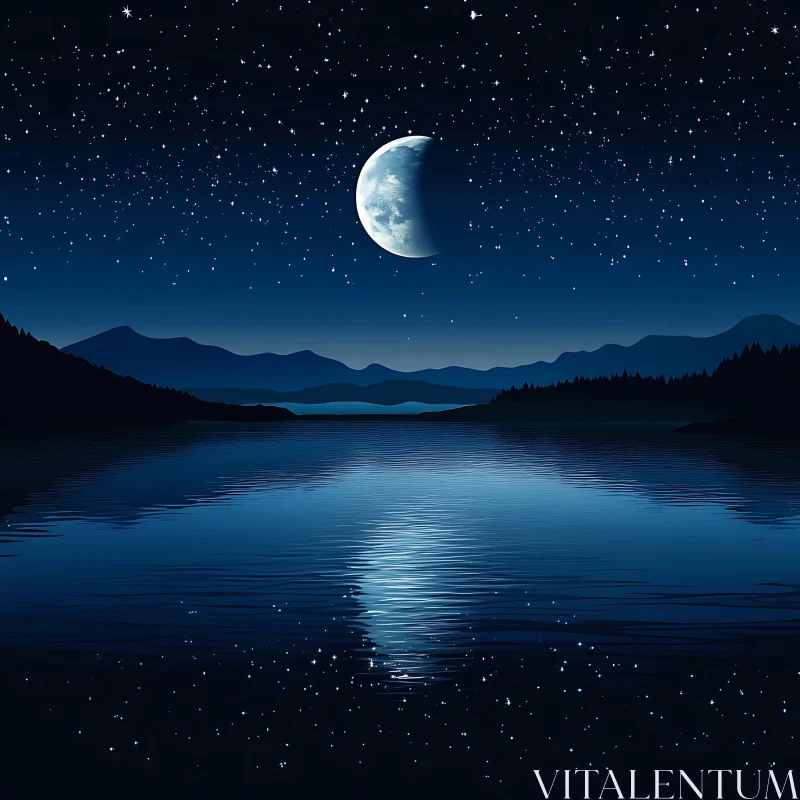 Moonlit Lake with Starry Sky and Silhouetted Mountains AI Image