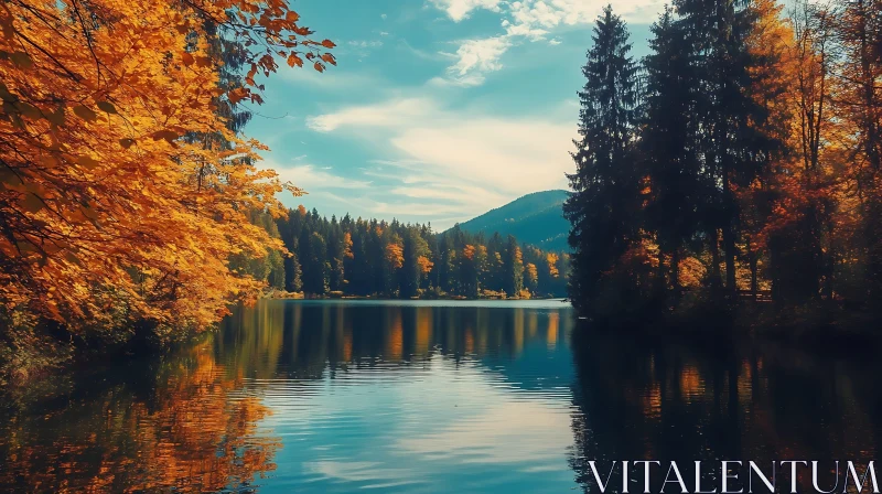 Serene Autumn Lake Scene with Golden Trees and Mountains AI Image