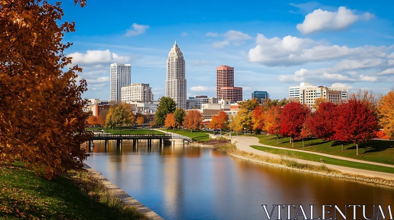 Urban Fall Foliage with City Skyline AI Image