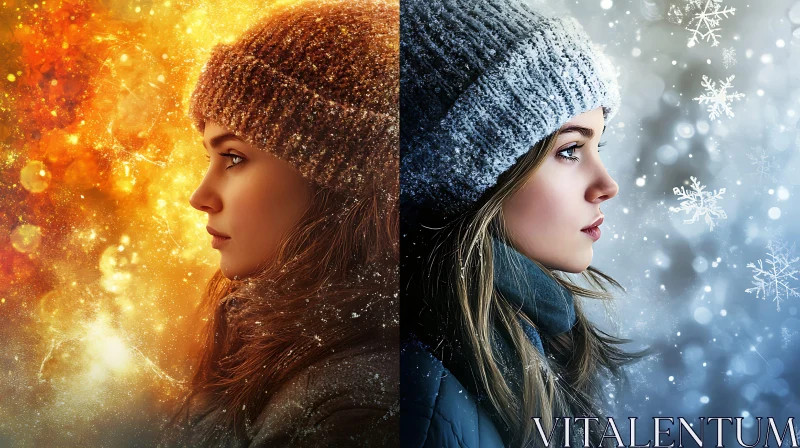 Seasonal Duality: Woman in Fiery Autumn and Snowy Winter Backgrounds AI Image