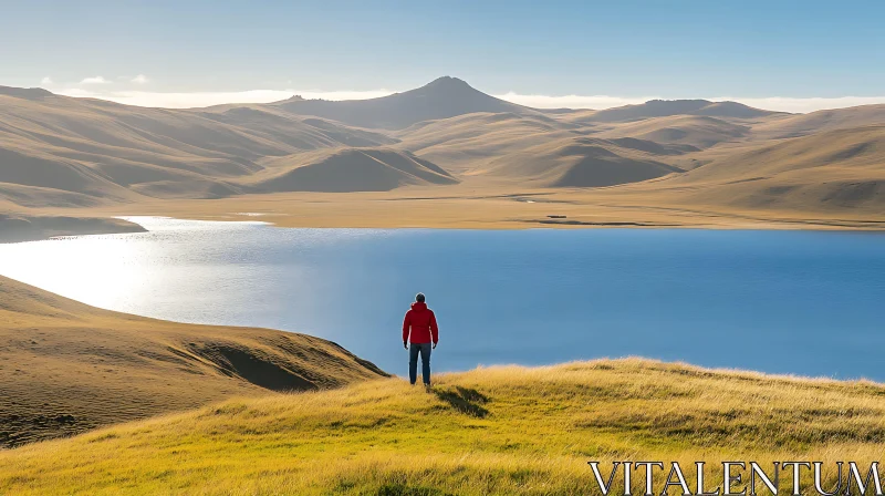 Tranquil Landscape with Blue Lake and Hills AI Image