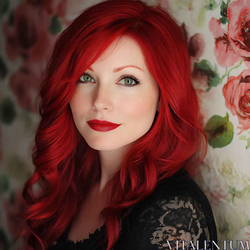 Red Hair Woman Portrait Against Floral Background AI Image