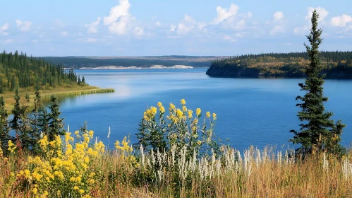 Scenic Lake with Wildflowers