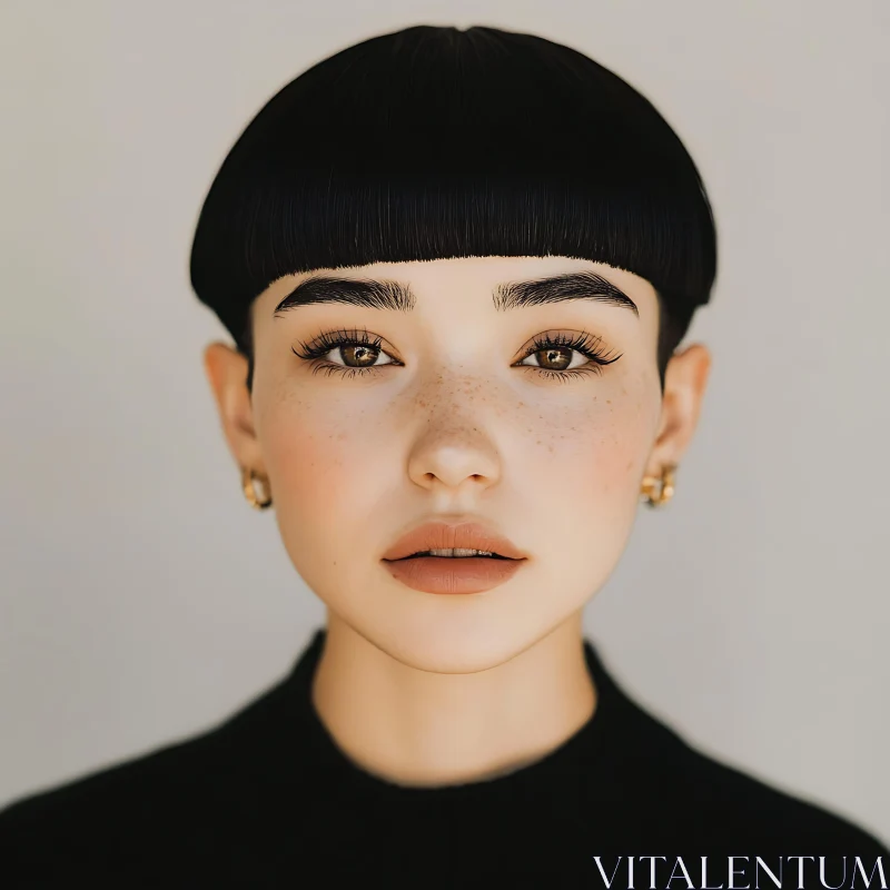 Woman with Short Black Hair and Freckles AI Image