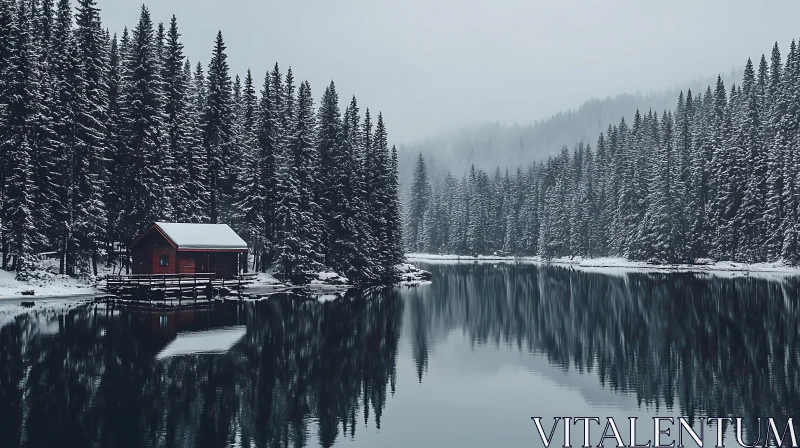 Peaceful Winter Reflections at a Lakeside Cabin AI Image