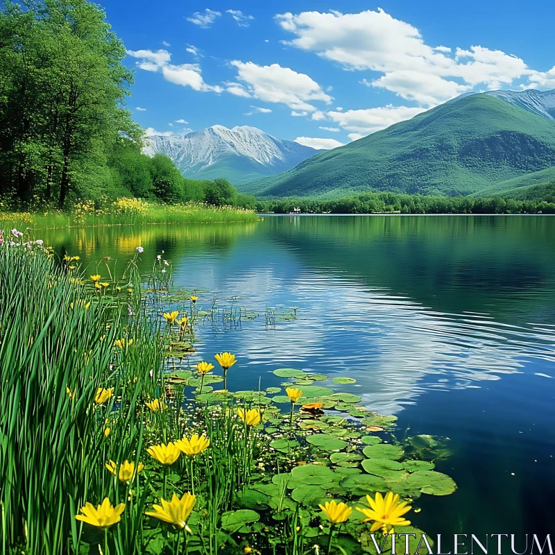 AI ART Serene Mountain Lake with Yellow Flowers